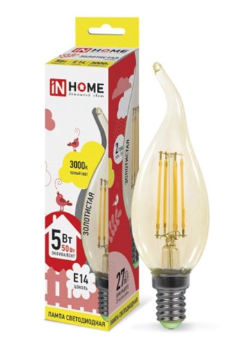 Лампа светодиодная филамент InHome Deco СА37 Свеча на ветру CL E14 220В 5Вт 450Лм 3000К 35х120мм картинка 